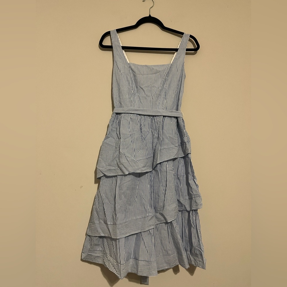 J. Crew Striped sleeveless belted tiered dress Banker Blue stripes size 2 - Picture 4 of 13